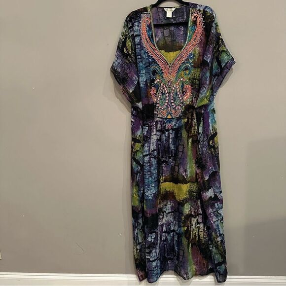 LUCKY & COCO Swimsuit Coverup Women Size Medium Tunic Beaded Boho Poncho Maxi - Picture 1 of 9